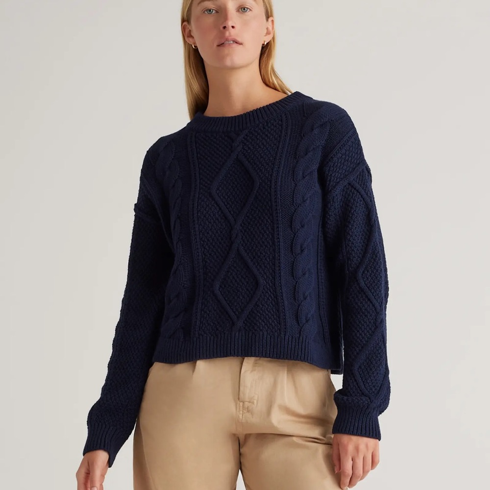 QUINCE Sz L Navy 100% Organic Cotton Cropped Cable Knit Sweater Large EUC